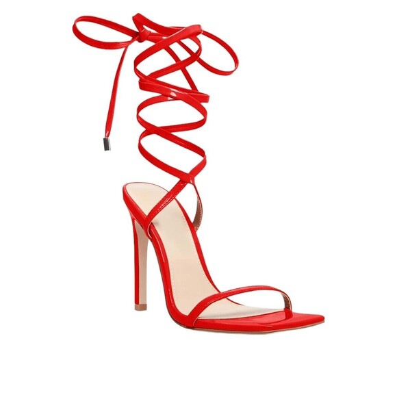 Ermonn Womens Strappy Lace Up Square Open Toe Stiletto Heeled Sandals Red‎ Sz 10 - Picture 1 of 15
